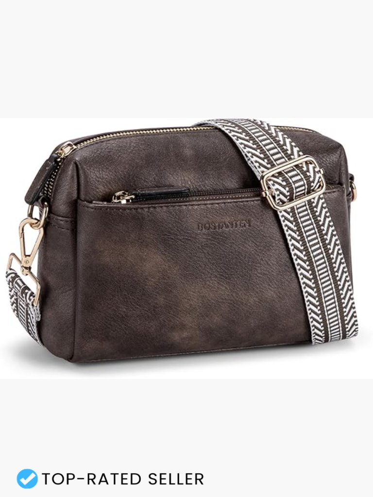 Triple Zip Crossbody Purse With Colored Guitar Strap Vegan Leather